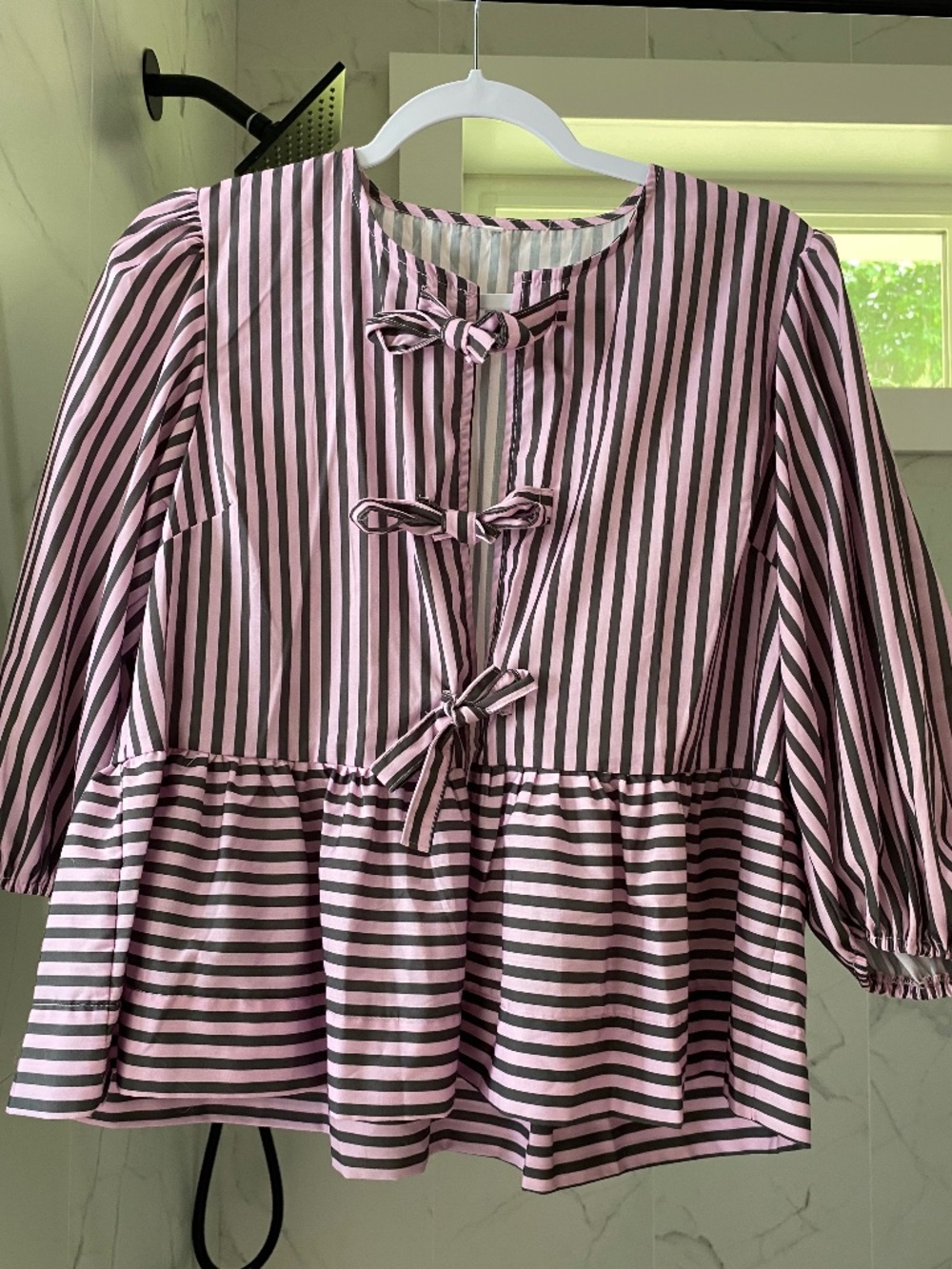 Pink and grey striped tie front bow puff sleeve top